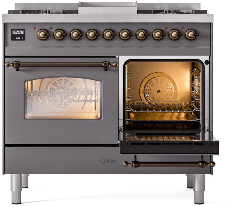 ILVE Nostalgie II 40" Dual Fuel Natural Gas Range, Matte Graphite, Bronze Trim UPD40FNMPMGB