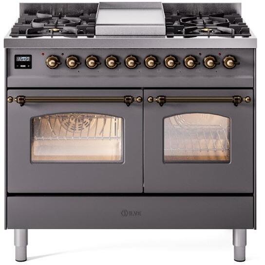 ILVE Nostalgie II 40" Dual Fuel Natural Gas Range, Matte Graphite, Bronze Trim UPD40FNMPMGB
