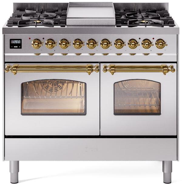 ILVE Nostalgie II 40" Dual Fuel Natural Gas Range, Stainless Steel, Brass Trim UPD40FNMPSSG