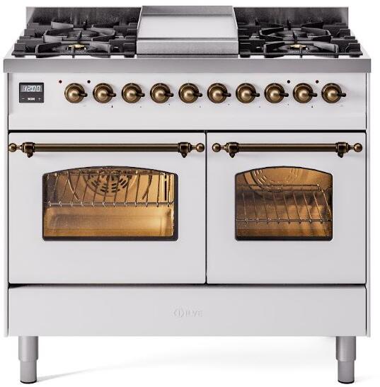 ILVE Nostalgie II 40" Dual Fuel Natural Gas Range, White, Bronze Trim UPD40FNMPWHB
