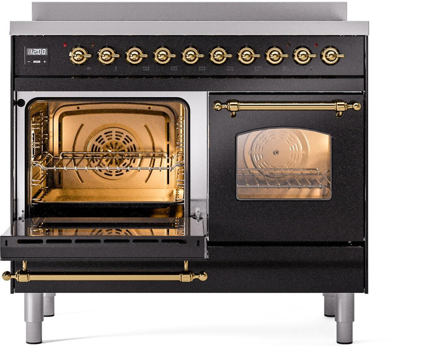 ILVE Nostalgie II 40" Electric Range, Glossy Black, Brass Trim UPDI406NMPBKG