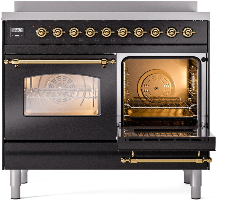 ILVE Nostalgie II 40" Electric Range, Glossy Black, Brass Trim UPDI406NMPBKG