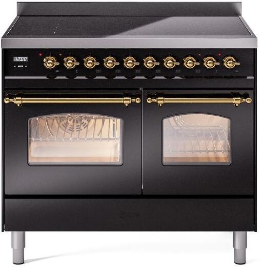 ILVE Nostalgie II 40" Electric Range, Glossy Black, Brass Trim UPDI406NMPBKG