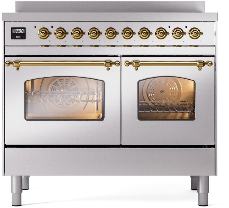 ILVE Nostalgie II 40" Electric Range, Stainless Steel, Brass Trim UPDI406NMPSSG