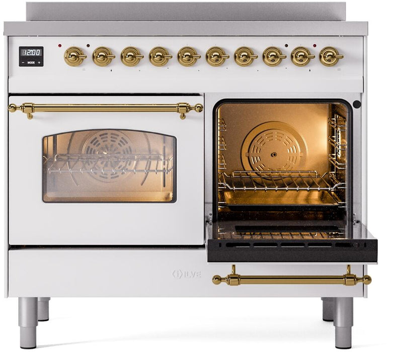 ILVE Nostalgie II 40" Electric Range, White, Brass Trim  UPDI406NMPWHG