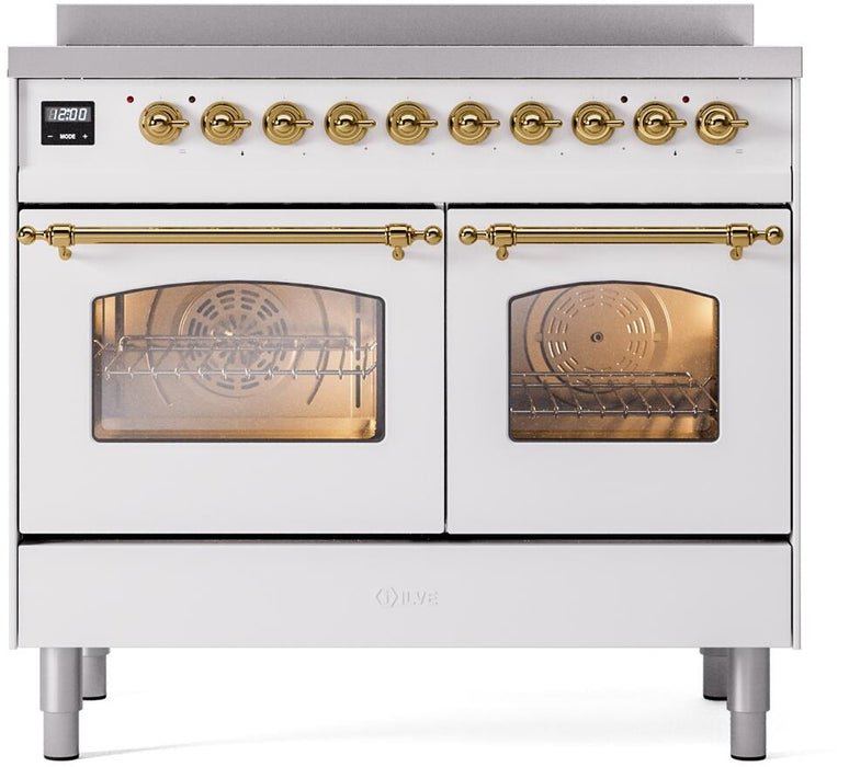 ILVE Nostalgie II 40" Electric Range, White, Brass Trim  UPDI406NMPWHG