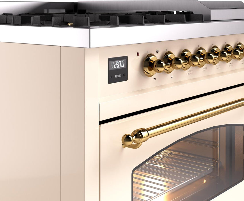 ILVE Nostalgie II 48" Dual Fuel Liquid Propane Range, Antique White, Brass Trim UP48FNMPAWGLP