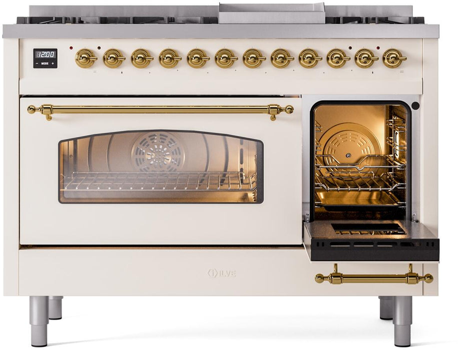 ILVE Nostalgie II 48" Dual Fuel Liquid Propane Range, Antique White, Brass Trim UP48FNMPAWGLP