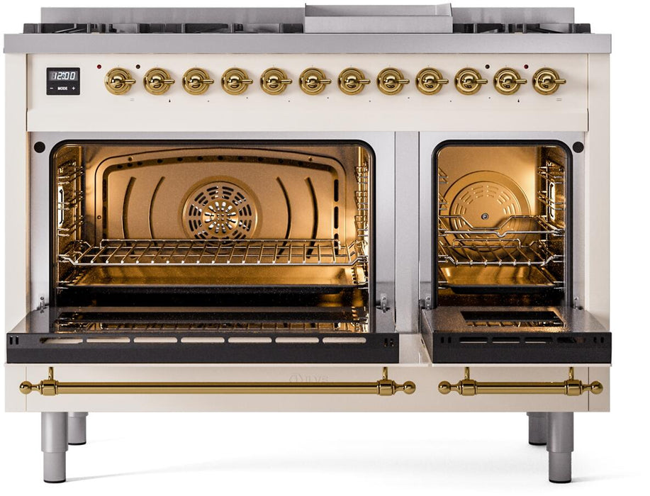 ILVE Nostalgie II 48" Dual Fuel Liquid Propane Range, Antique White, Brass Trim UP48FNMPAWGLP