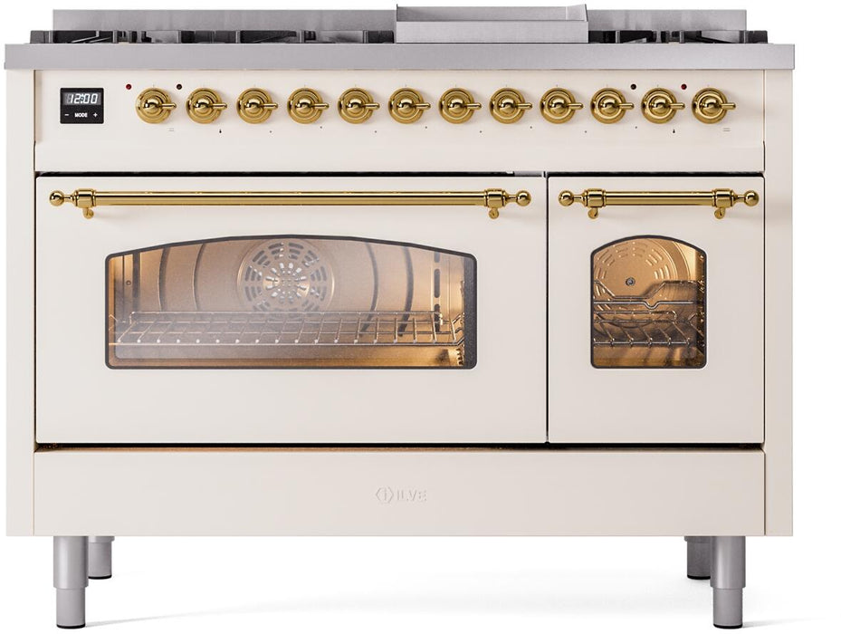 ILVE Nostalgie II 48" Dual Fuel Liquid Propane Range, Antique White, Brass Trim UP48FNMPAWGLP