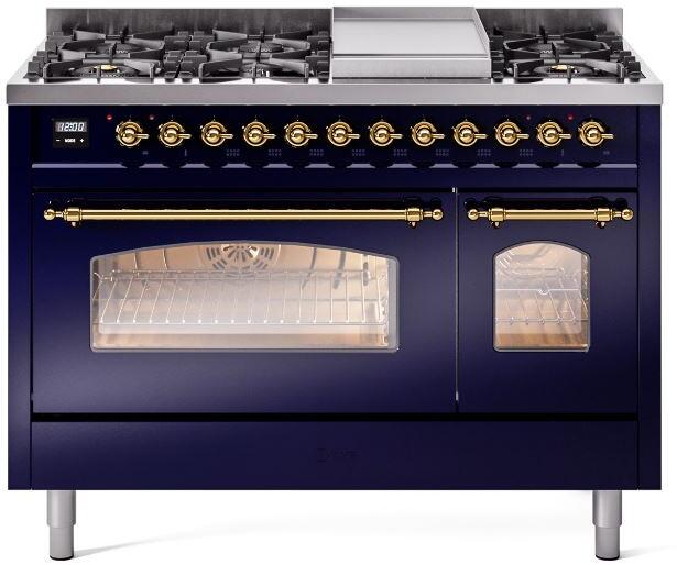 ILVE Nostalgie II 48" Dual Fuel Liquid Propane Range, Blue, Brass Trim ILVE UP48FNMPMBGLP