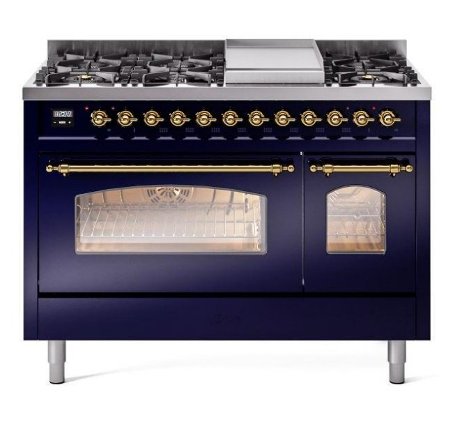 ILVE Nostalgie II 48" Dual Fuel Liquid Propane Range, Blue, Brass Trim ILVE UP48FNMPMBGLP