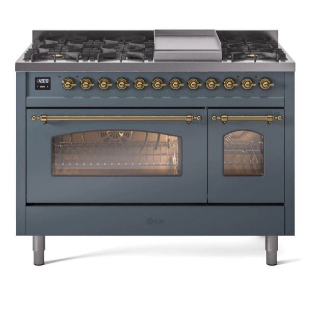 ILVE Nostalgie II 48" Dual Fuel Liquid Propane Range, Blue Grey, Brass Trim UP48FNMPBGGLP