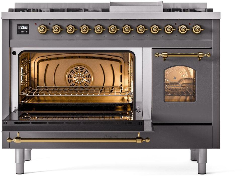 ILVE Nostalgie II 48" Dual Fuel Liquid Propane Range, Matte Graphite, Brass Trim UP48FNMPMGGLP