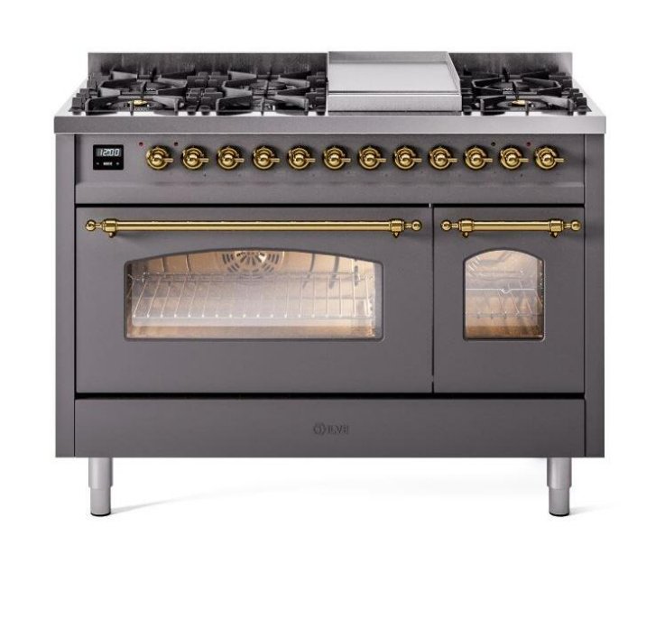 ILVE Nostalgie II 48" Dual Fuel Liquid Propane Range, Matte Graphite, Brass Trim UP48FNMPMGGLP
