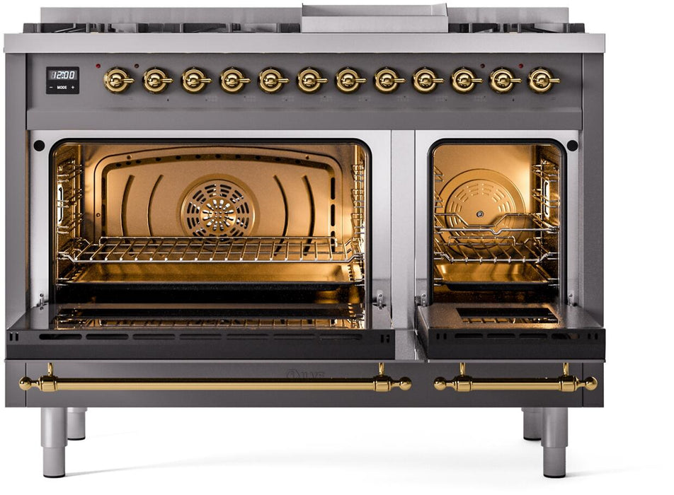 ILVE Nostalgie II 48" Dual Fuel Liquid Propane Range, Matte Graphite, Brass Trim UP48FNMPMGGLP
