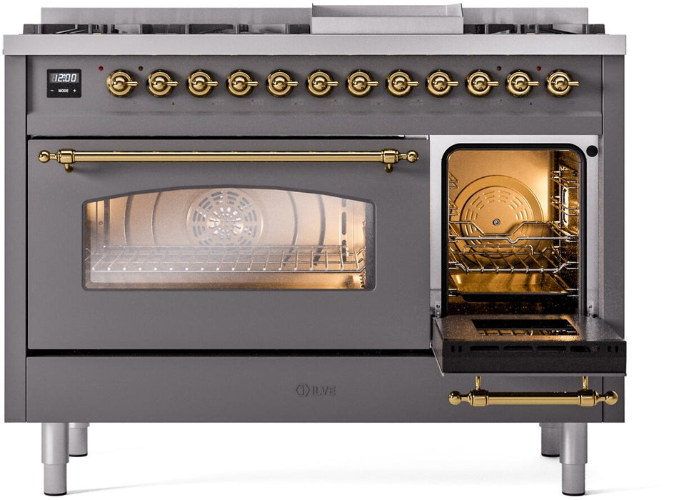 ILVE Nostalgie II 48" Dual Fuel Liquid Propane Range, Matte Graphite, Brass Trim UP48FNMPMGGLP