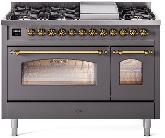 ILVE Nostalgie II 48" Dual Fuel Liquid Propane Range, Matte Graphite, Brass Trim UP48FNMPMGGLP