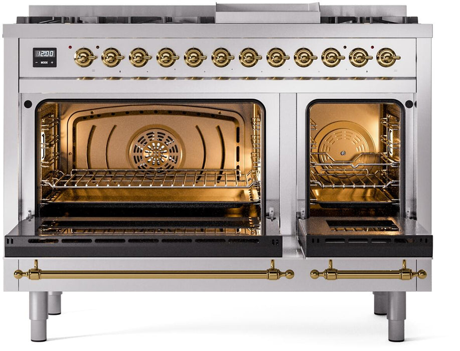 ILVE Nostalgie II 48" Dual Fuel Liquid Propane Range, Stainless Steel, Brass Trim UP48FNMPSSGLP