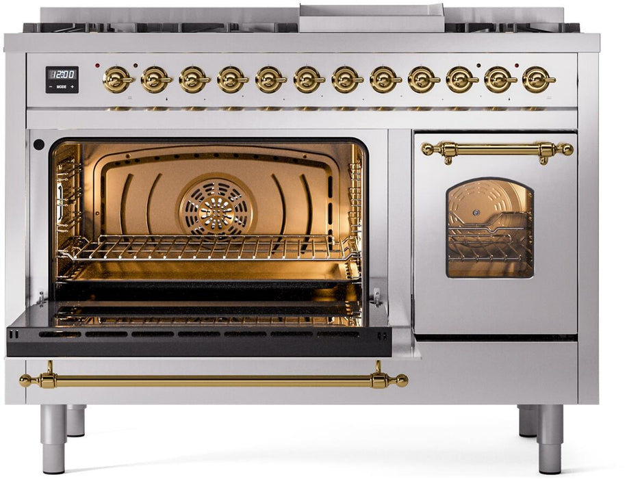 ILVE Nostalgie II 48" Dual Fuel Liquid Propane Range, Stainless Steel, Brass Trim UP48FNMPSSGLP