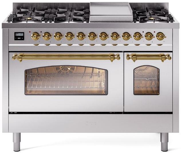 ILVE Nostalgie II 48" Dual Fuel Liquid Propane Range, Stainless Steel, Brass Trim UP48FNMPSSGLP