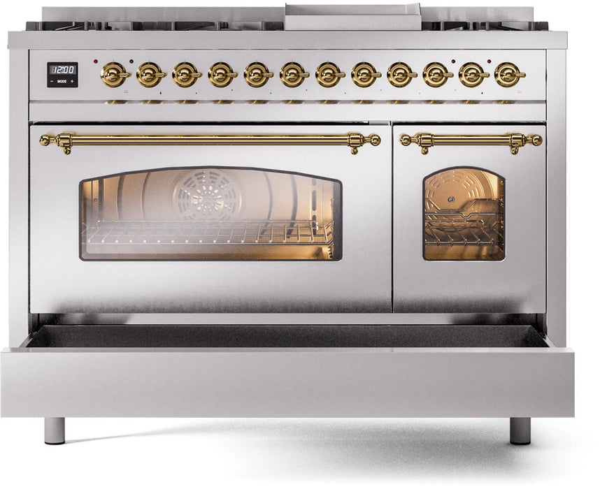 ILVE Nostalgie II 48" Dual Fuel Liquid Propane Range, Stainless Steel, Brass Trim UP48FNMPSSGLP