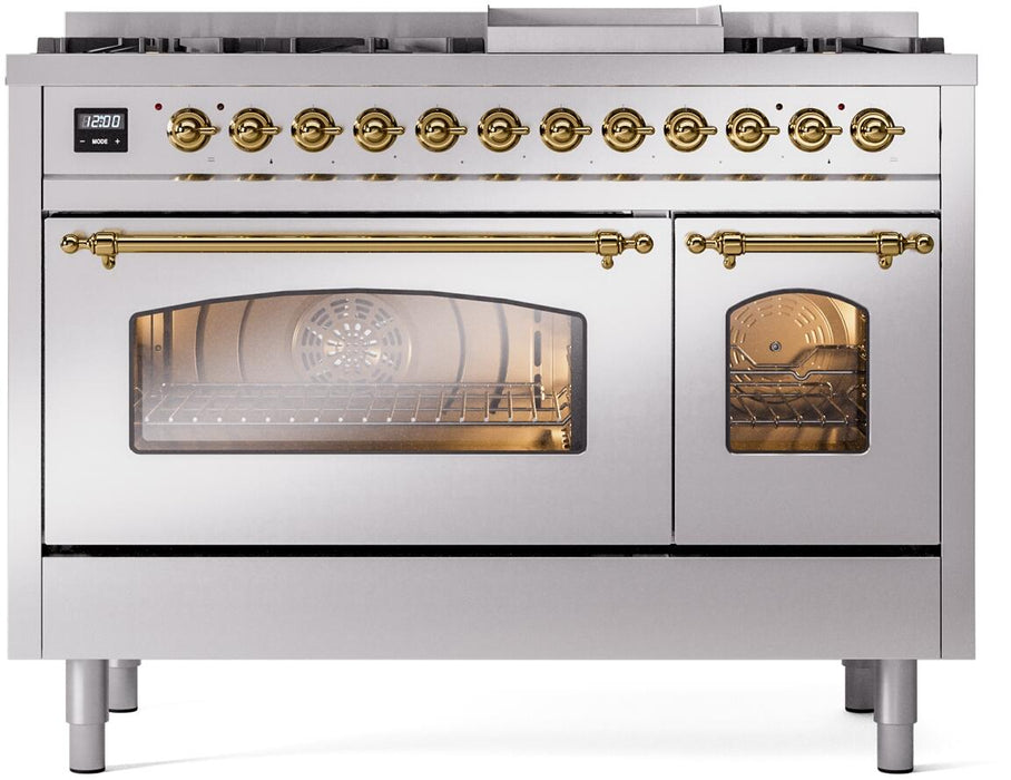 ILVE Nostalgie II 48" Dual Fuel Liquid Propane Range, Stainless Steel, Brass Trim UP48FNMPSSGLP