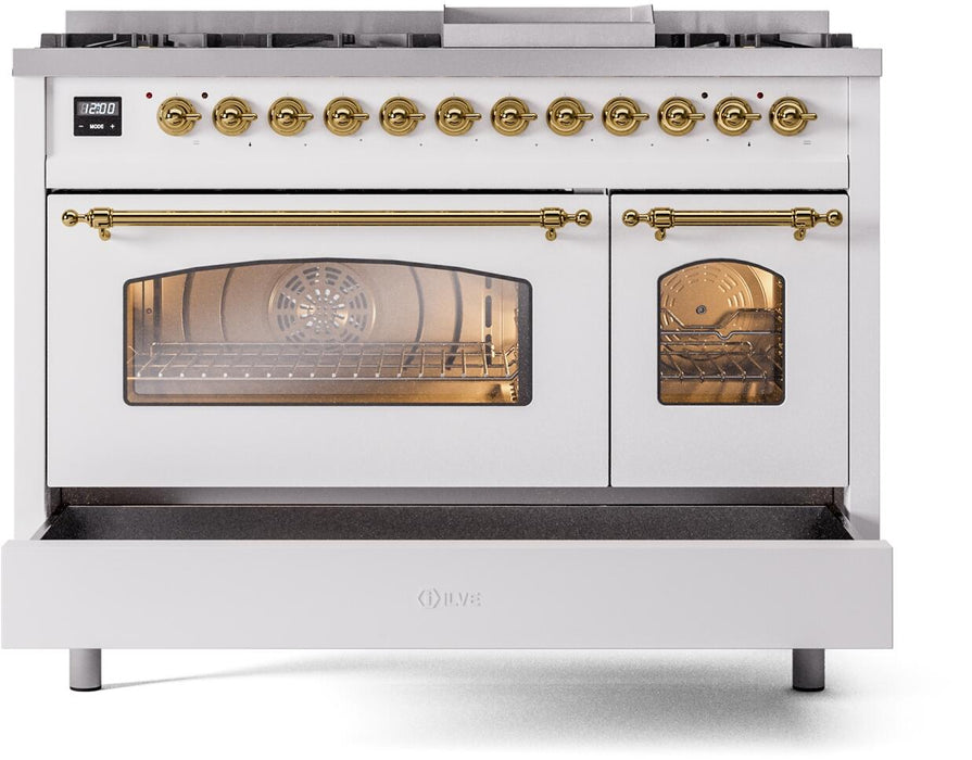 ILVE Nostalgie II 48" Dual Fuel Liquid Propane Range, White, Brass Trim ILVE UP48FNMPWHGLP