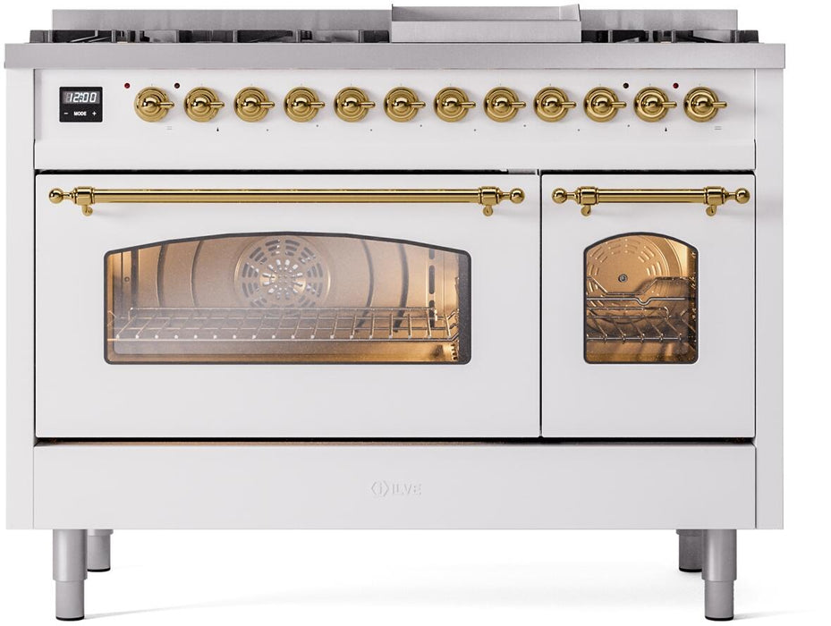 ILVE Nostalgie II 48" Dual Fuel Liquid Propane Range, White, Brass Trim ILVE UP48FNMPWHGLP