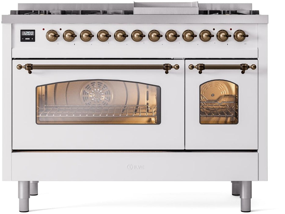 ILVE Nostalgie II 48" Dual Fuel Liquid Propane Range, White, Bronze Trim UP48FNMPWHBLP