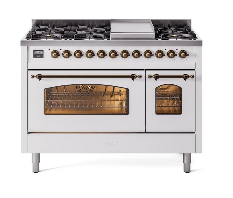 ILVE Nostalgie II 48" Dual Fuel Liquid Propane Range, White, Bronze Trim UP48FNMPWHBLP