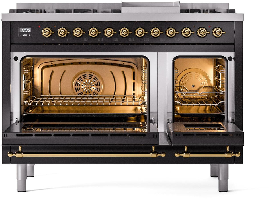 ILVE Nostalgie II 48" Dual Fuel Liquid Propane Range,Glossy Black, Brass Trim UP48FNMPBKGLP