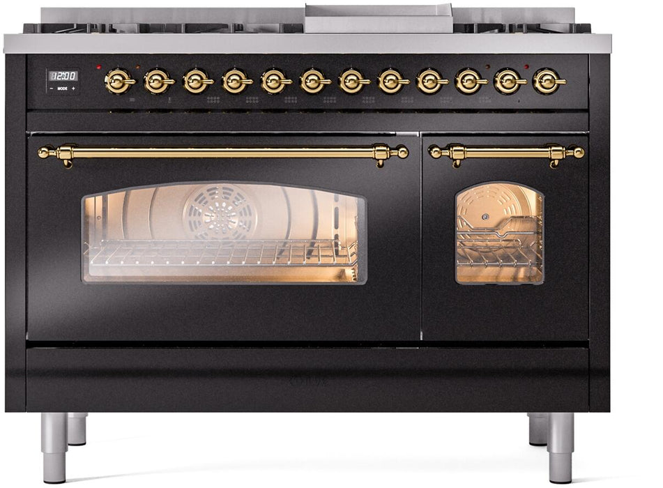 ILVE Nostalgie II 48" Dual Fuel Liquid Propane Range,Glossy Black, Brass Trim UP48FNMPBKGLP