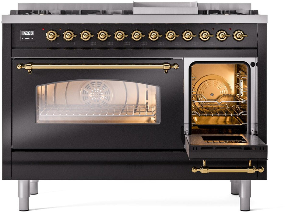 ILVE Nostalgie II 48" Dual Fuel Liquid Propane Range,Glossy Black, Brass Trim UP48FNMPBKGLP