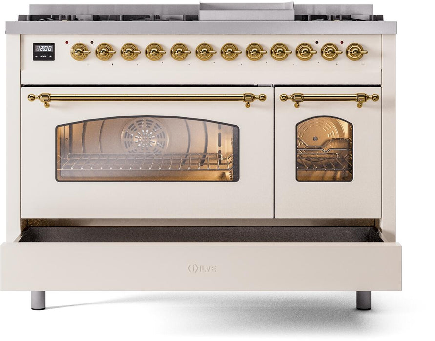 ILVE Nostalgie II 48" Dual Fuel Natural Gas Range, Antique White, Brass Trim UP48FNMPAWG
