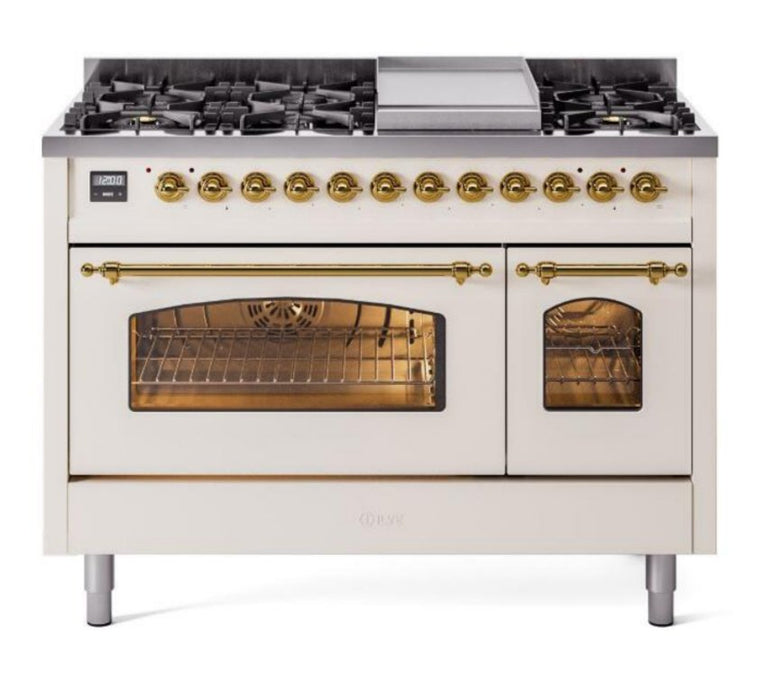 ILVE Nostalgie II 48" Dual Fuel Natural Gas Range, Antique White, Brass Trim UP48FNMPAWG