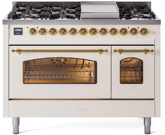 ILVE Nostalgie II 48" Dual Fuel Natural Gas Range, Antique White, Brass Trim UP48FNMPAWG