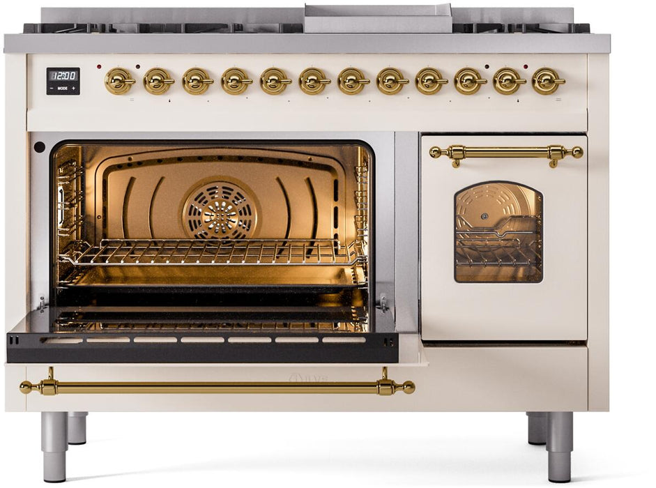 ILVE Nostalgie II 48" Dual Fuel Natural Gas Range, Antique White, Brass Trim UP48FNMPAWG