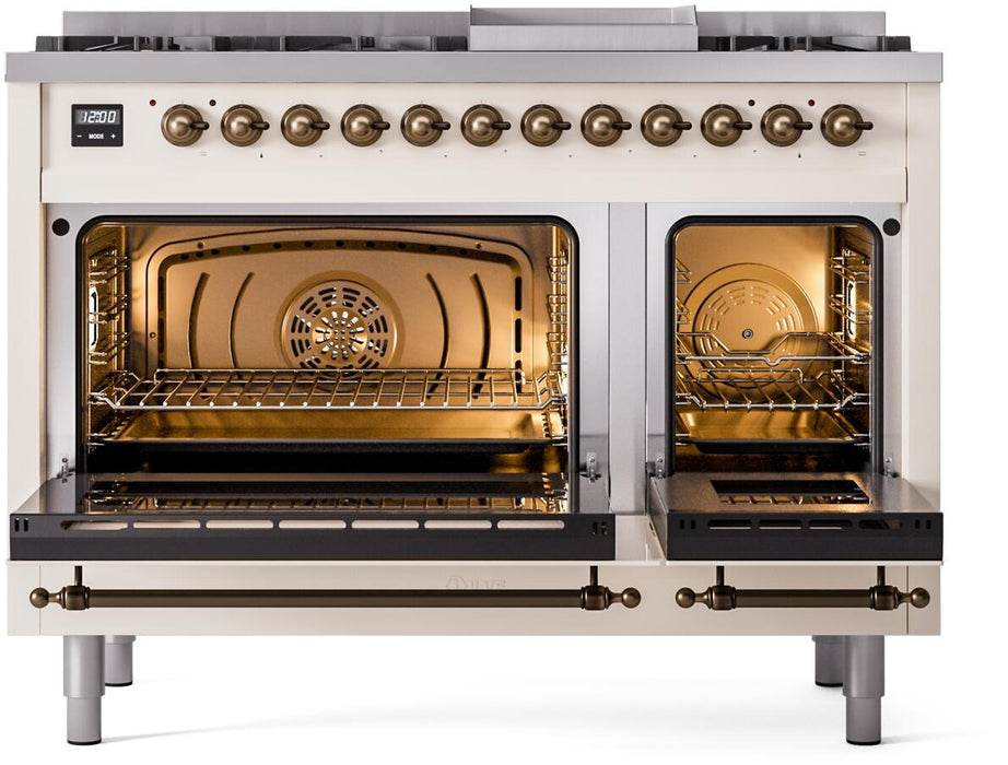 ILVE Nostalgie II 48" Dual Fuel Natural Gas Range, Antique White, Bronze Trim UP48FNMPAWB