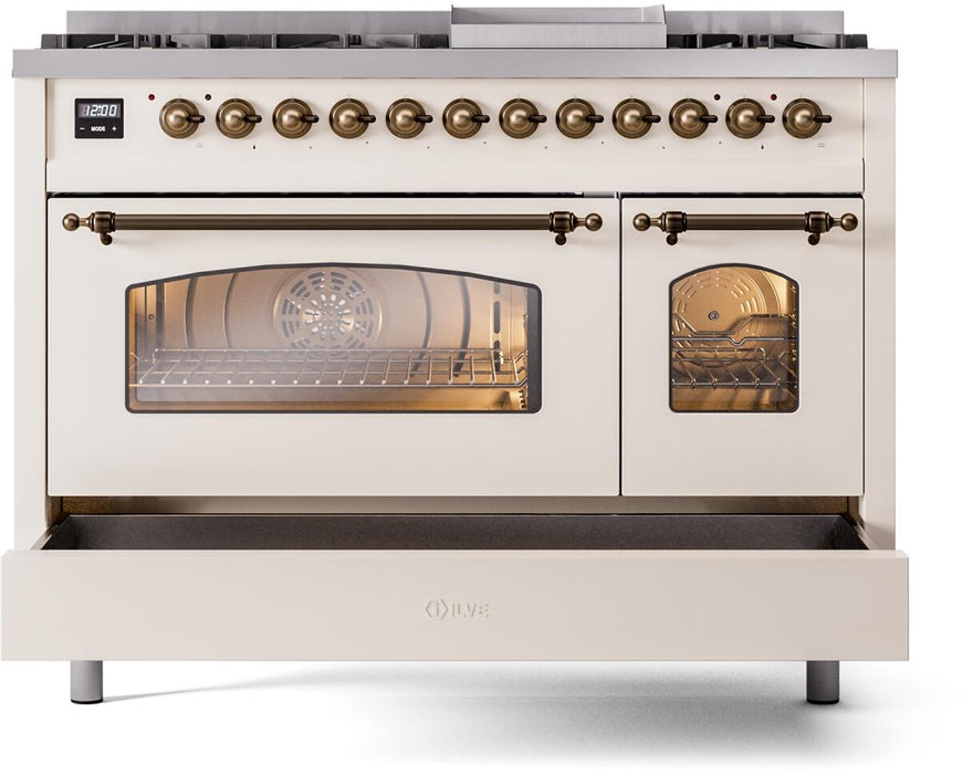 ILVE Nostalgie II 48" Dual Fuel Natural Gas Range, Antique White, Bronze Trim UP48FNMPAWB