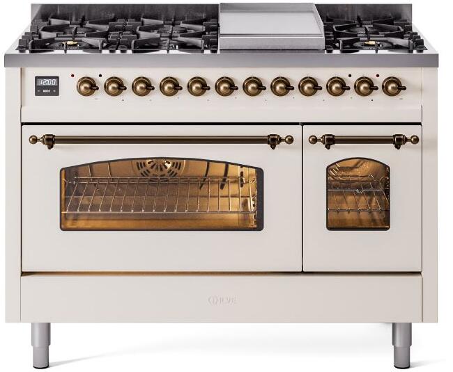 ILVE Nostalgie II 48" Dual Fuel Natural Gas Range, Antique White, Bronze Trim UP48FNMPAWB