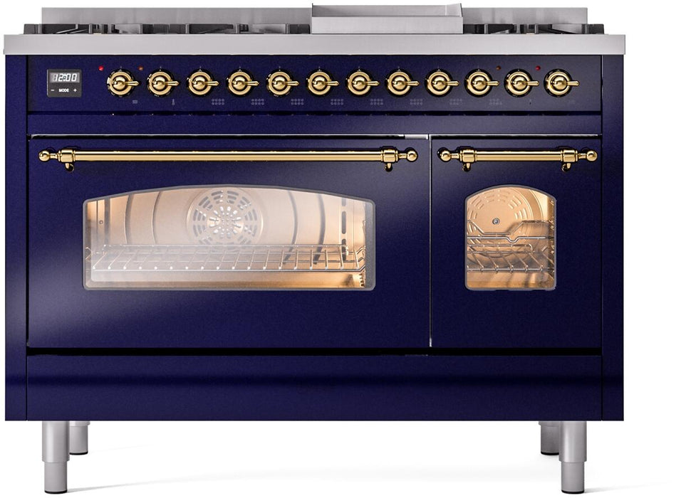 ILVE Nostalgie II 48" Dual Fuel Natural Gas Range, Blue, Brass Trim ILVE UP48FNMPMBG