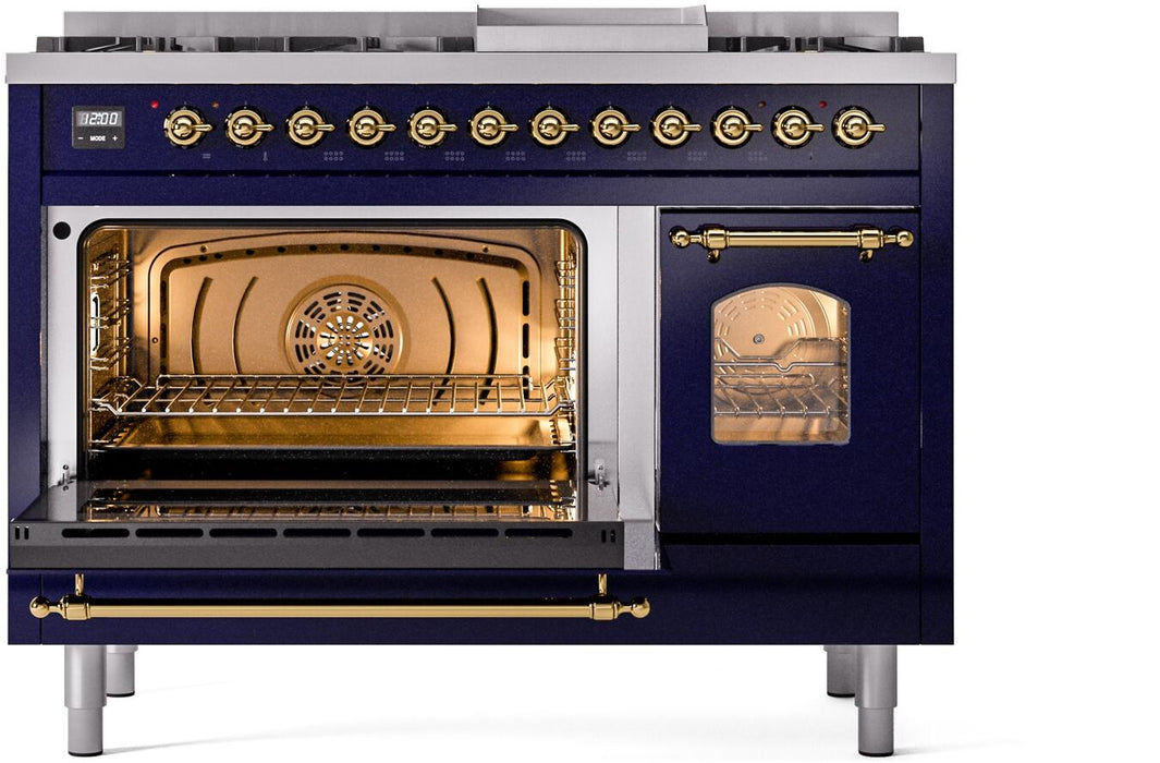 ILVE Nostalgie II 48" Dual Fuel Natural Gas Range, Blue, Brass Trim ILVE UP48FNMPMBG