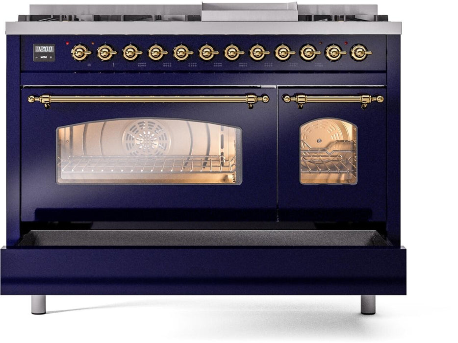 ILVE Nostalgie II 48" Dual Fuel Natural Gas Range, Blue, Brass Trim ILVE UP48FNMPMBG