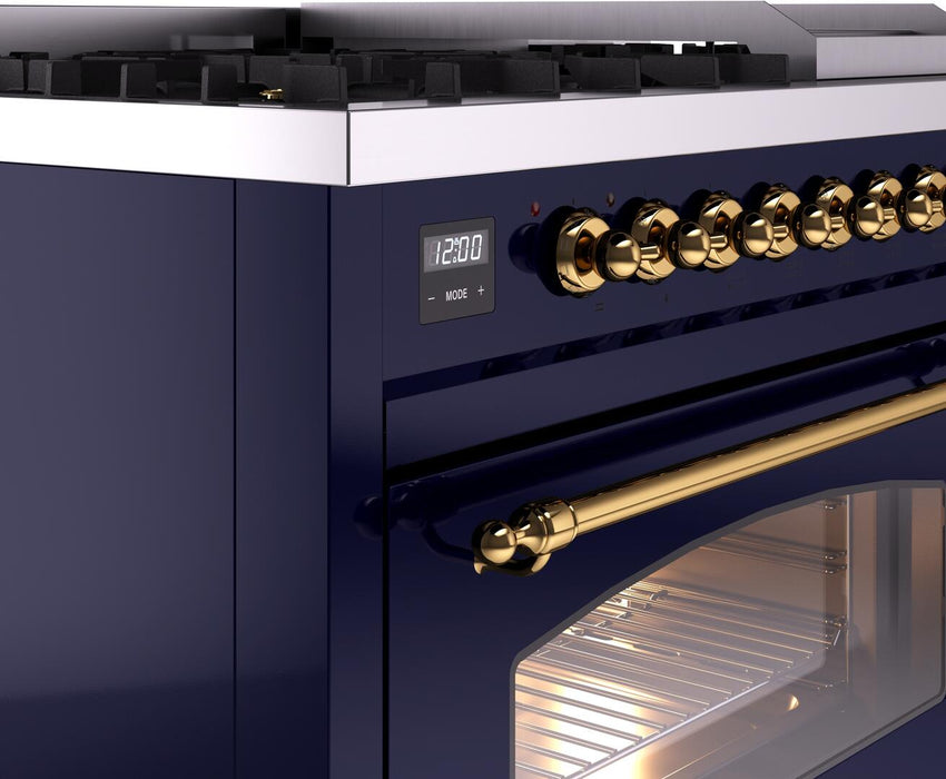 ILVE Nostalgie II 48" Dual Fuel Natural Gas Range, Blue, Brass Trim ILVE UP48FNMPMBG