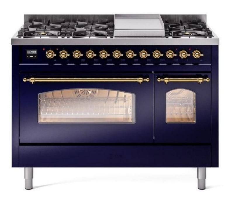 ILVE Nostalgie II 48" Dual Fuel Natural Gas Range, Blue, Brass Trim ILVE UP48FNMPMBG