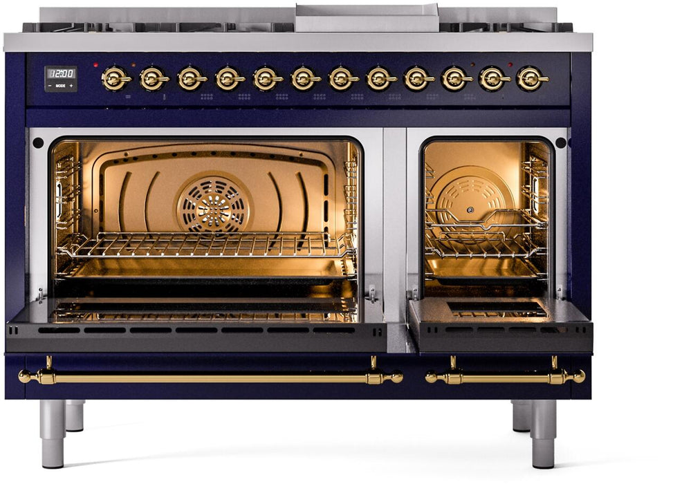ILVE Nostalgie II 48" Dual Fuel Natural Gas Range, Blue, Brass Trim ILVE UP48FNMPMBG