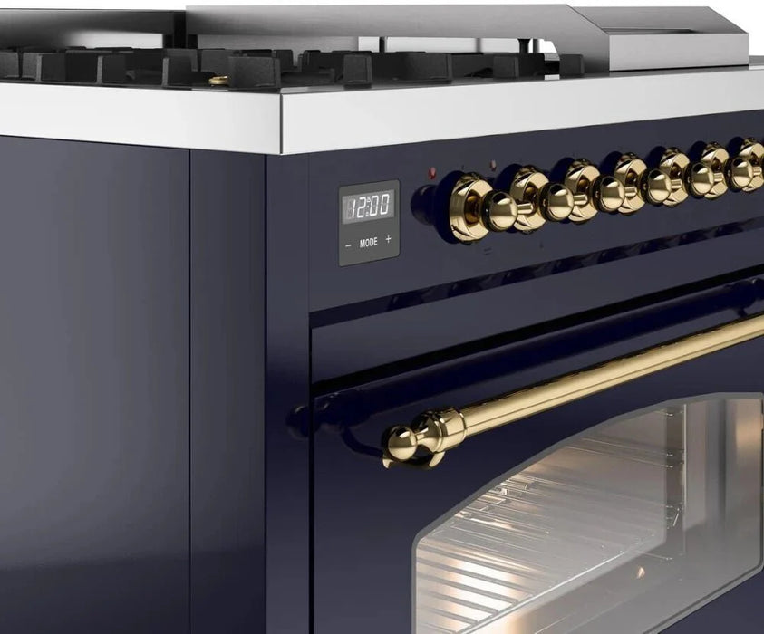 ILVE Nostalgie II 48"  Dual Fuel Natural Gas Range Blue Brass Trim UP48FSNMPMBG