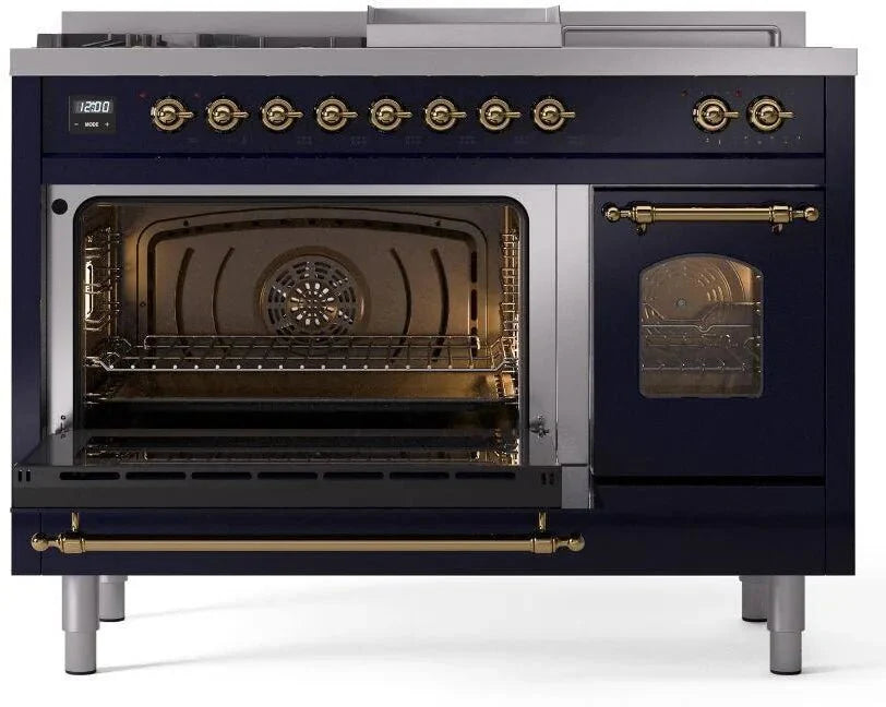 ILVE Nostalgie II 48"  Dual Fuel Natural Gas Range Blue Brass Trim UP48FSNMPMBG