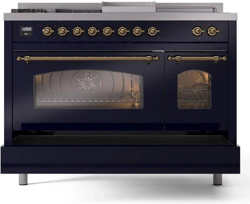 ILVE Nostalgie II 48"  Dual Fuel Natural Gas Range Blue Brass Trim UP48FSNMPMBG